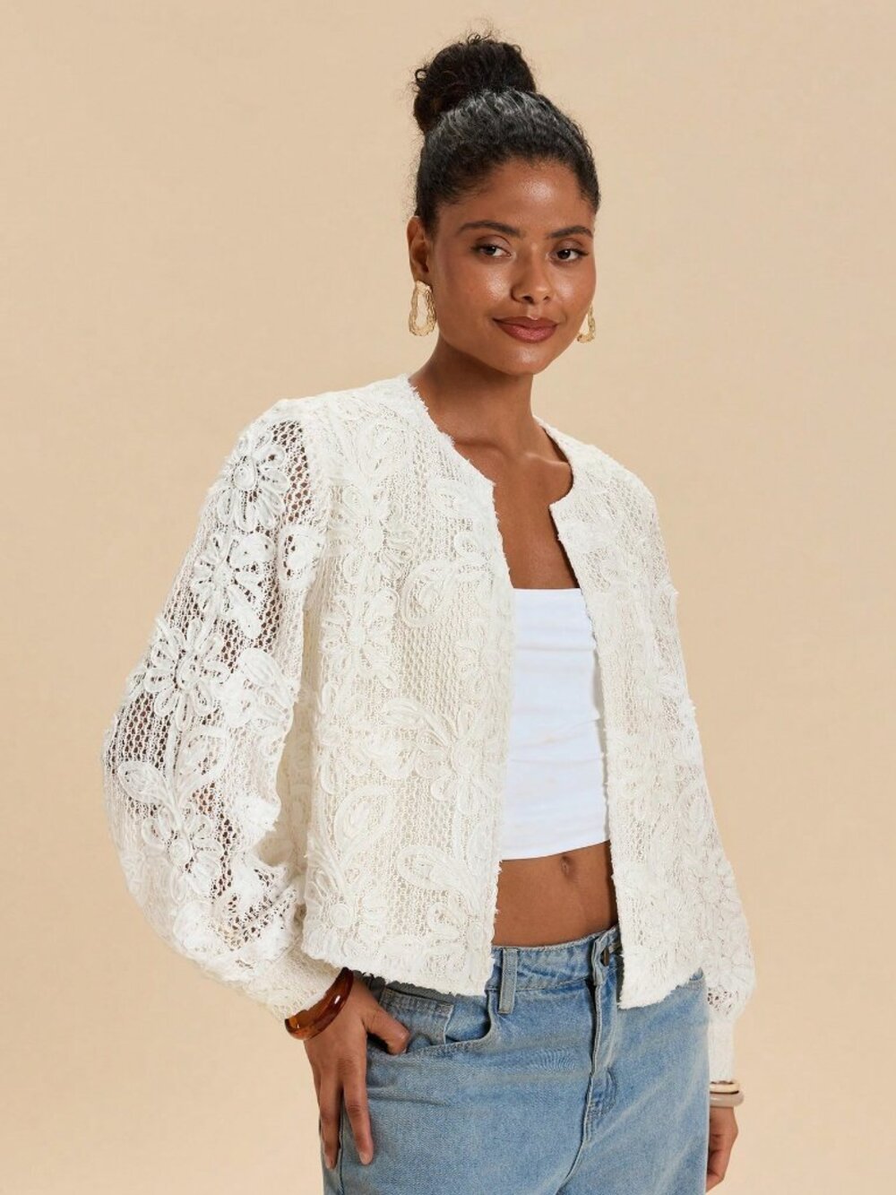 Apricot Casual Women's Floral Textured Long Sleeve Open Front Jacket - Picture 7 of 8